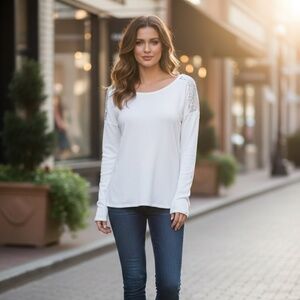 Express White Long Sleeve Top - Silver Studded Shoulders - Size Small